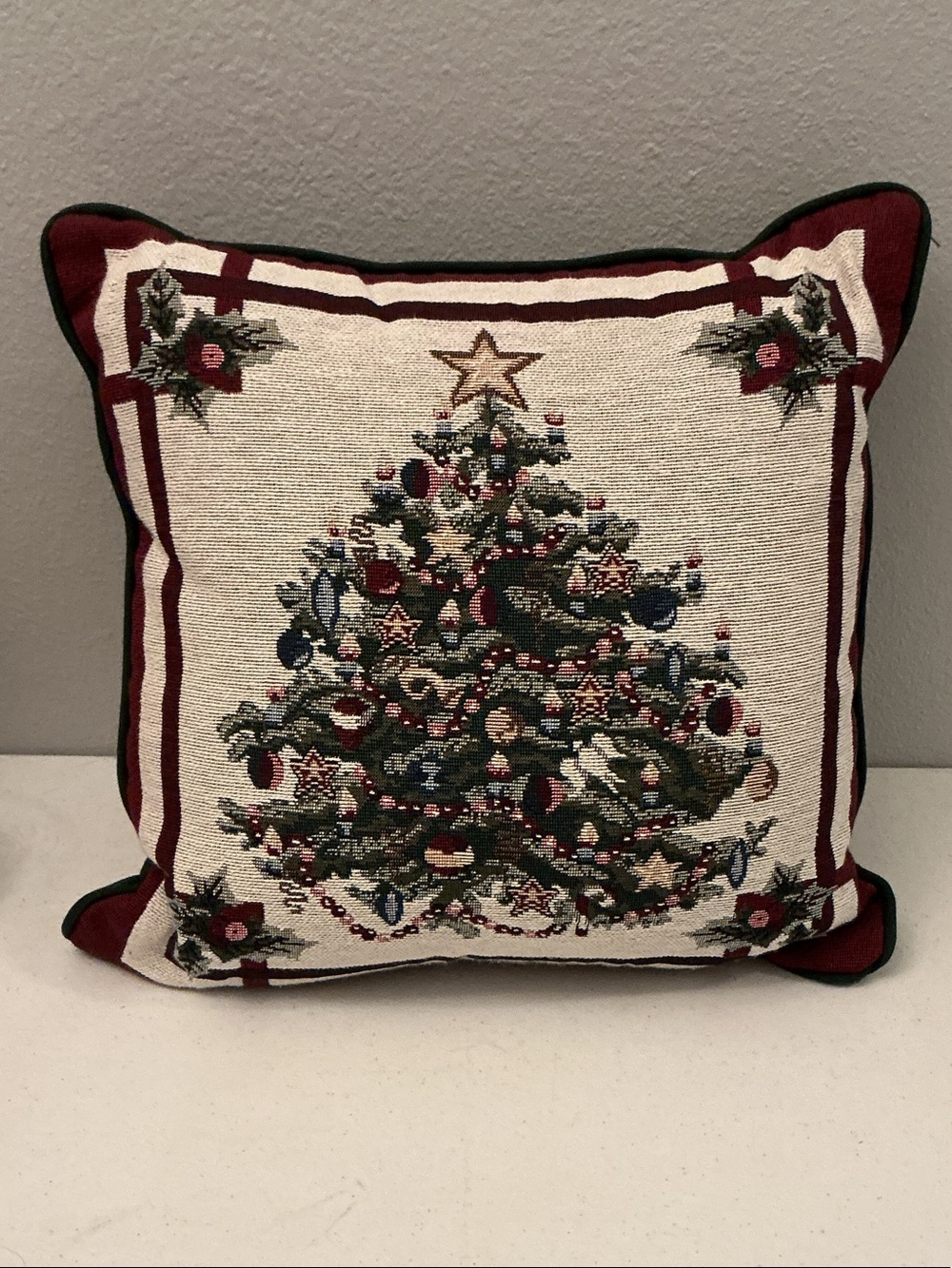 Newport Needlepoint Christmas Tree Pillow in Green, Red & Cream